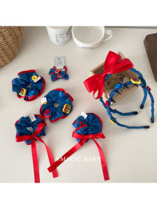 Retro Red Blue Color Collision Butterfly Knot Hairband Denim Large Elastic Band Girls Hair Accessory Cute Stylish Hair Tie