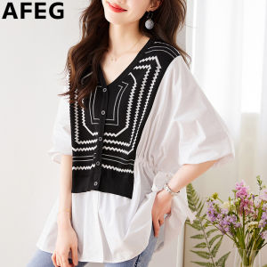 AFEG new Korean version V-neck waist rope fashion loose and assorted colors of the bat short-sleeved blouse