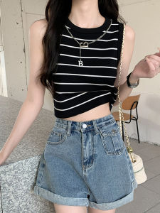 เสื้อกั๊กแขนกุดผ้าไหมน้ำแข็งถักลายทาง เสื้อชั้นในฤดูร้อนสำหรับผู้หญิง เสื้อกั๊กแขนสั้นสีพื้นแบบลำลอง 2025 ฤดูใบไม้ผลิ