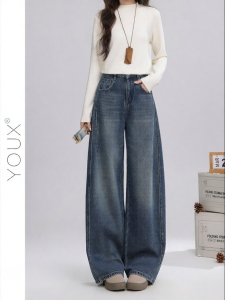 YOUXIANG | Quần Jeans Dày Lót Ấm Kiểu Hàn Quốc Vintage Chân Rộng