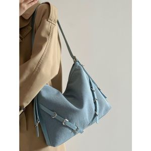 Denim Tote Bag Womens Large Capacity Shoulder Crossbody Underarm Bag Casual Style Zipper Closure Soft Handbag for Younger Women