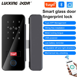 Tuya App Biometric Fingerprint Glass Door Lock Office Electronic Smart Card Lock with Remote Control Wifi Gateway Key function