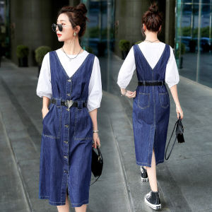 สไตล์ฮ่องกงย้อนยุคสูง เอว ทรงเอ เดรส ผู้หญิง ฤดูร้อน สินค้าใหม่ เดนิม ชุดเอี๊ยม กระโปรง คอวี ปิดปุ่มเดียว