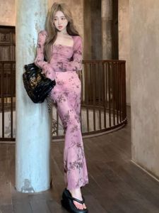 High Waist Slim Fit Long Skirt High Waist Bodycon Dress Split Design Korean Style Commute Autumn Winter Womens Fashion