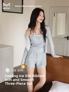 MiiOW | Ice Silk Sleepwear Womens Strapless Bra Included Summer Short Pants Three-piece Set Wearable Outdoor Home Clothes Cat Person