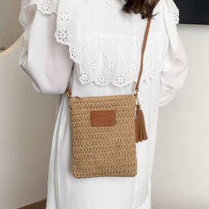 Spring Summer Womens Mini Crossbody Bag Beach Vacation Kaki Color Woven Phone Bag Fashion Trend Soft Handle Polyester Lining