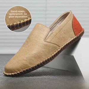 Genuine Leather Mens Casual Shoes 2025 New Style Korean Fashion Bean Bean Soft Bottom Middle Age Dad Shoes Loafers Slip-On