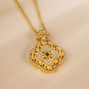 Chow Sang Sang 周生生 999 Gold Cultural Blessings Ruby and Diamond Sihe Ruyi Necklace for Women 47cm 96585N