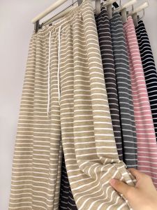 Khaki Stripe Glutinous Rice Pants Womens Spring Fall and Winter Lazy Relaxed Feeling Home Wear Pajama Pants Wide Leg Leisure Walking Towel Pants