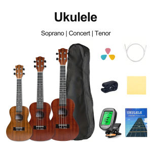 Dozzly Ukulele 21/23/26 inch gitar Ukulele soprano/konsert/tenor sapele gitar Hawaii gitar kecil Kids with Gig Bag Digital Tuner Strings 3 Guitar Picks Strap Cloth