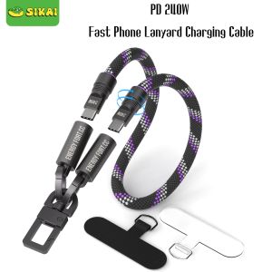 SIKAI 2in1 240W USB-C to Type-C Lanyard Data Cable Fast Charging For iPhone 17/17pro/16 Samsung Huawei Laptops Anti-lost Rope