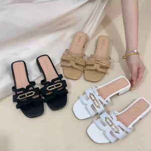 Womens Heels Mules Black Strappy Sandals with Gold Buckle Detail AKL-118