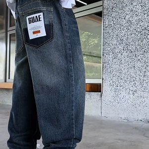 Boys Jeans New Korean Trend Baggy Jeans High Quality Boys Denim Pants Elastic Waistband Back Pocket Letter Label Design 7-16YRS Boys Bottoms