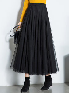 High Waist A-Line Midi Skirt Spring Autumn 2025 New Style Versatile Pleated Gauze Half Body Skirt for Women Commute Korean Style