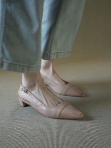 FANGXI | French Beige Pointed Toe Buckle Strap Coarse Heel Shoe