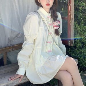 Sweet Bowtie Loose Long Sleeve Shirt Womens Spring Autumn Stylish Design Sense Midi Length Top Korean Style Commute Shirt
