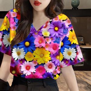 2568 เสื้อสงกรานต์ ลายดอกไม้สีพาสเทล เสื้อยืด oversize ชุดไปคาเฟ่ ผ้าคอตตอนยืดหยุ่น เสื้อผู้หญิงลายดอกไซส์ใหญ่