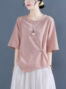 Loose Cotton Linen Short Sleeve T-Shirt Womens Summer New Style Artistic Button Embroidered Solid Color Slimming Asymmetrical Top