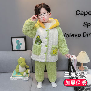 Kids Pajamas Winter Thickened Boys Three-Layer Quilted Boys Cartoon Hooded Baby Winter Coral Fleece Suit
