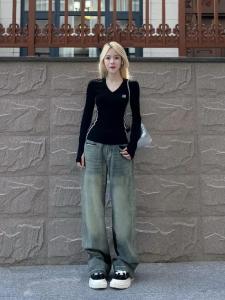 Pure Cotton V-Neck Long Sleeve Base Shirt Women plus Size Slimming Black Top Korean Style Commute Fashion Autumn Wear