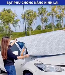 Bạt phủ che nắng BẢO VỆ GƯƠNG TRÁNG NHÔM kín đầu xe kính lái xe hơi ô tô loại trùm gương dây kéo có lớp bông chống nóng Mẫu xe áp dụng ] : hatchback sedan SUV. Trọng lượng 500gr - Bạt chắn nắng kính lái không gương