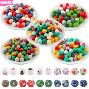 15/25pcs New 15mm Christmas style silicone printed round beads Set For Jewellery DIY Bracelet Necklace Keychain Etc Accessories