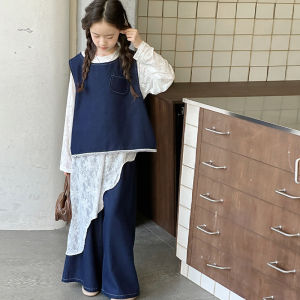 MPW | Girls Autumn Fashionable Retro Korean Style Three-Piece Set With Denim Lace Base Layer Clothes For Children Ages 3-13