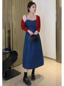 Q Iqi พลัสไซส์ ผู้หญิง เดรส เรียบหรู สไตล์ฮ่องกง เดนิม สายรัดยาว เดรส ฤดูใบไม้ผลิ ฤดูร้อน พรางหุ่น กระโปรงทรงเอ เอวสูง