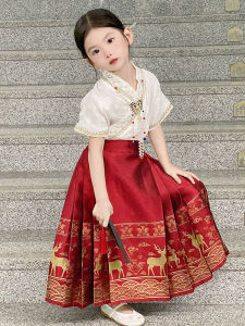 New Chinese Style Girls Short Sleeve Skirt Set Golden Horse Face Summer Hanfu Childrens Clothing Traditional Tang Suit for Kids
