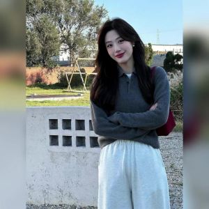 YUFUQING | Retro Lazy Loose Long Sleeve Polo Neck Knitted Sweater Grey Simple Warm Autumn Winter Womens Fashion Polyester Fiber Knitwear