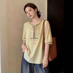 Áo Sơ Mi Tay Ngắn Thiết Kế Giảm Cân Vintage Thêu Mới Hè cho Phụ Nữ Size Lớn có Chi Tiết Dây Kéo