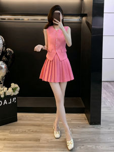 Fashionable Pink Blazer and Tank Top Set for Women Casual Summer Outfit with Ruffled Skirt Two-Piece Suit for Birthday Parties