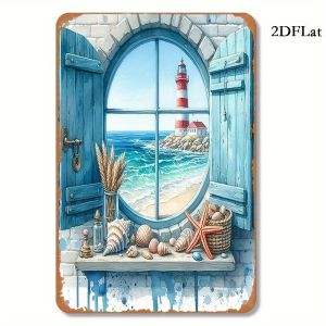 CIFbuy | 2D Vintage Metal Sign Coastal Lighthouse Wall Decor with Window Sea View Retro Nautical Tin Sign for Home Bar Cafe Office Unplug