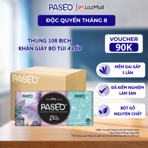 Thùng 18 Lốc Giấy Lau Mặt Paseo Luxury 8 Tờ (4 Lớp) - Phù Hợp Kể Cả Da Nhạy Cảm - Không Bột Giấy Thừa Trên Da