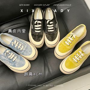 Casual Thick Bottomed Leather Canvas Shoes Comfortable College Style Blue Denim Korean Laced Low Top round Toe Rubber Sole
