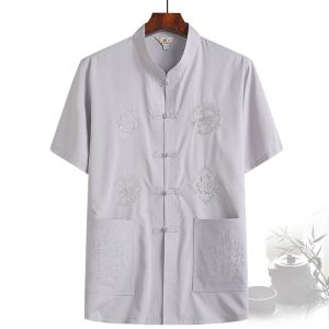 Chinese Style Mens Short Sleeve Shirt Set Dad Grandpa Large Size Hanfu Clothing Knitted Fabric Geometric Pattern Embroidery
