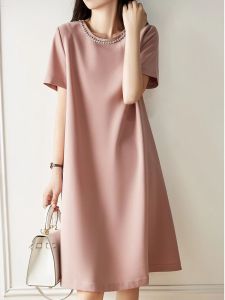 Koja Summer 2025 Womens Loose Waist Midi Dress Pink Beaded Straight Skirt Korean Style Commute Polyester Fiber Short Sleeve