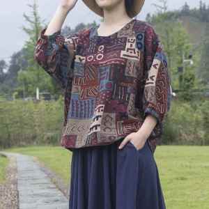 Áo Sơ Mi Cotton Lanh in Họa Tiết Mùa Hè Mới Cho Nữ Cổ Tròn Rộng Rãi Áo Khoác Tay Lửng Dáng Rộng Dáng Ôm