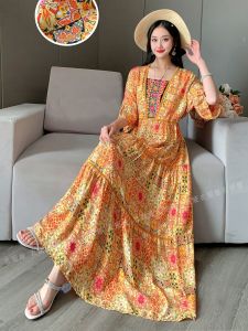 Retro Floral High Waist Slimming Long Dress Cotton Silk Grassland Vacation Travel Photography Ethnic Style Womens Dress