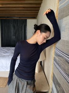 Áo Thun Nữ Dài Tay Ôm Vừa Vặn PUIRTY YH Thời Trang Đầu Thu Cổ Tròn Màu Trơn Cotton Polyester Spandex Thoải Mái Thoáng Khí