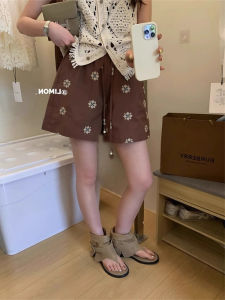 Quần Short Thêu Màu Nâu Cho Nữ Mùa Hè Mỏng Rộng Rãi Thường Ngày Năm Điểm Quần Ống Rộng Đa Năng Cỡ Nhỏ Quần Dài Vừa Phải