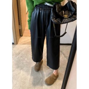 High Waist Straight Leg Black Elastic Waist PU Leather Pants Womens Casual Trousers Autumn Fashion Nine Points Slimming