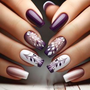 24pcs/set Medium fake nails for women girls Ballet nail tips graident purple brown blue flowers leaf design press on false nails