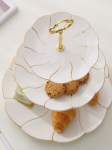 Elegant European Style Gold-Decorated Three-Tier Fruit Bowl Double-Layer Dessert Plate Cake Stand Ceramic Display Piece Diningware