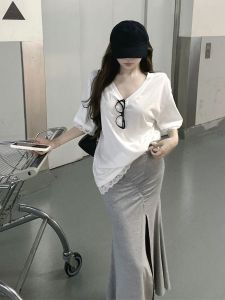 Bộ Đồ Hai Mảnh Tay Ngắn Ren Phong Cách Hàn Quốc Ngọt Ngào Cho Nữ Mùa Hè Váy Ngắn Hở Lưng Tay Ngắn Áo Thun Tay Ngắn