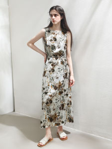 Miccbeirn | Elegant Silk Elastic Taffeta Ink Print Sleeveless Long Dress Vintage National Style Slimming Vest Dress High Waist Print Summer Dress