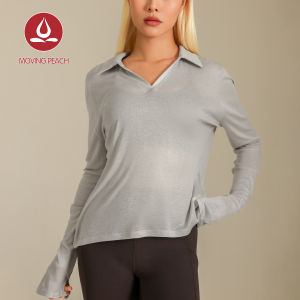 เสื้อคอวีแขนผ่าข้างคอวีแขนยาวกีฬาสำหรับผู้หญิงพีชมีรอยผ่าที่ข้อมือทรงหลวมและใส่สบายเสื้อเล่นโยคะใส่โรงยิมพิลาทิสเต้นสวมใส่ทุกวัน CSV