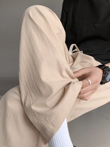 Mens Cotton Linen Summer New Loose Drapey Sport Casual Pants Khaki Color Pure Cotton Linen Thin Wide Leg Pants