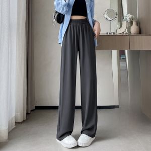 JIANGLU | Quần ống rộng bằng lụa băng mùa hè cho nữ cạp cao co giãn quần dài thường ngày màu xanh lá cây mát mẻ