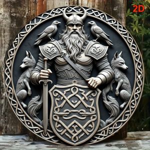 CIFbuy | Round Aluminum Wall Decor Odin With Wolf Eagle Vintage Nordic Myth Art Poster Durable Scandinavian Home Bar Office Wall